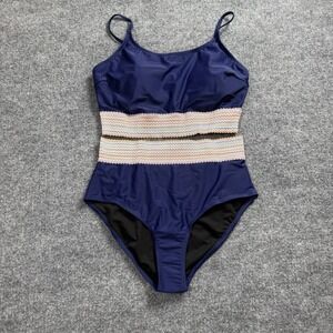 Navy Blue Two Piece Swimsuit High Waisted Bikini Set Crochet Band Detail Size XL